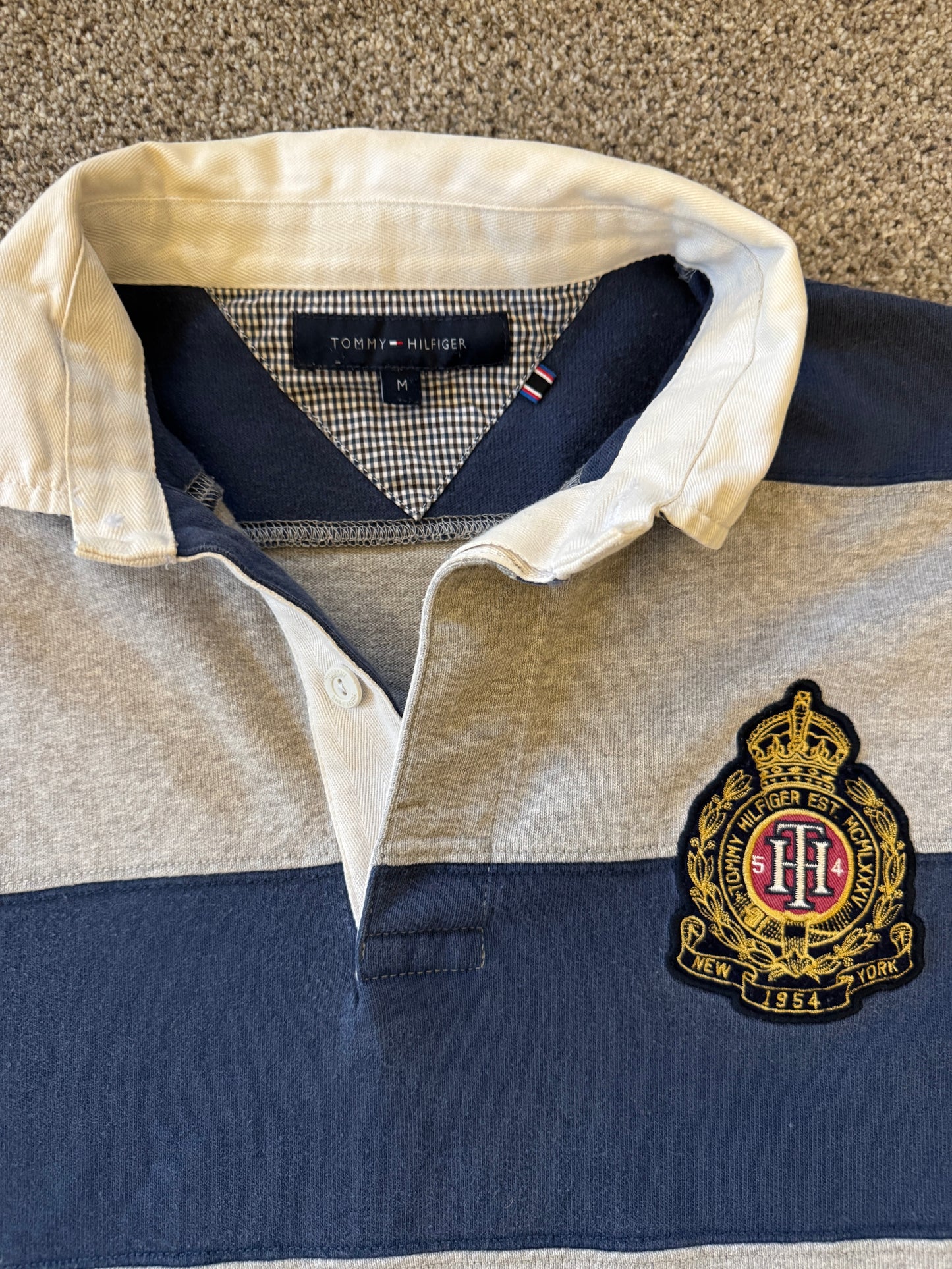 Medium Tommy Hilfiger Navy and Grey Rugby Shirt