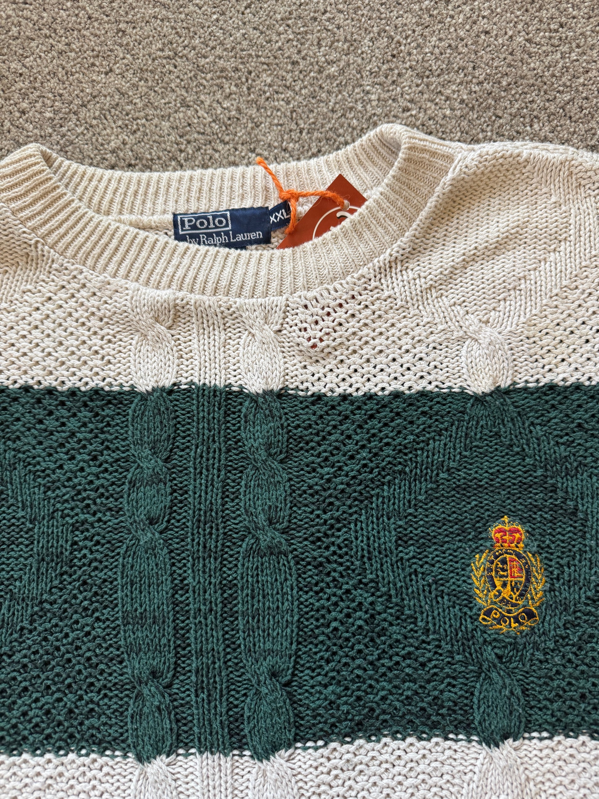 XXL Ralph Lauren Green/Burgundy/Cream Chunky Cable Knit Jumper