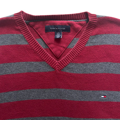Large Tommy Hilfiger Red and Grey V-Neck Jumper