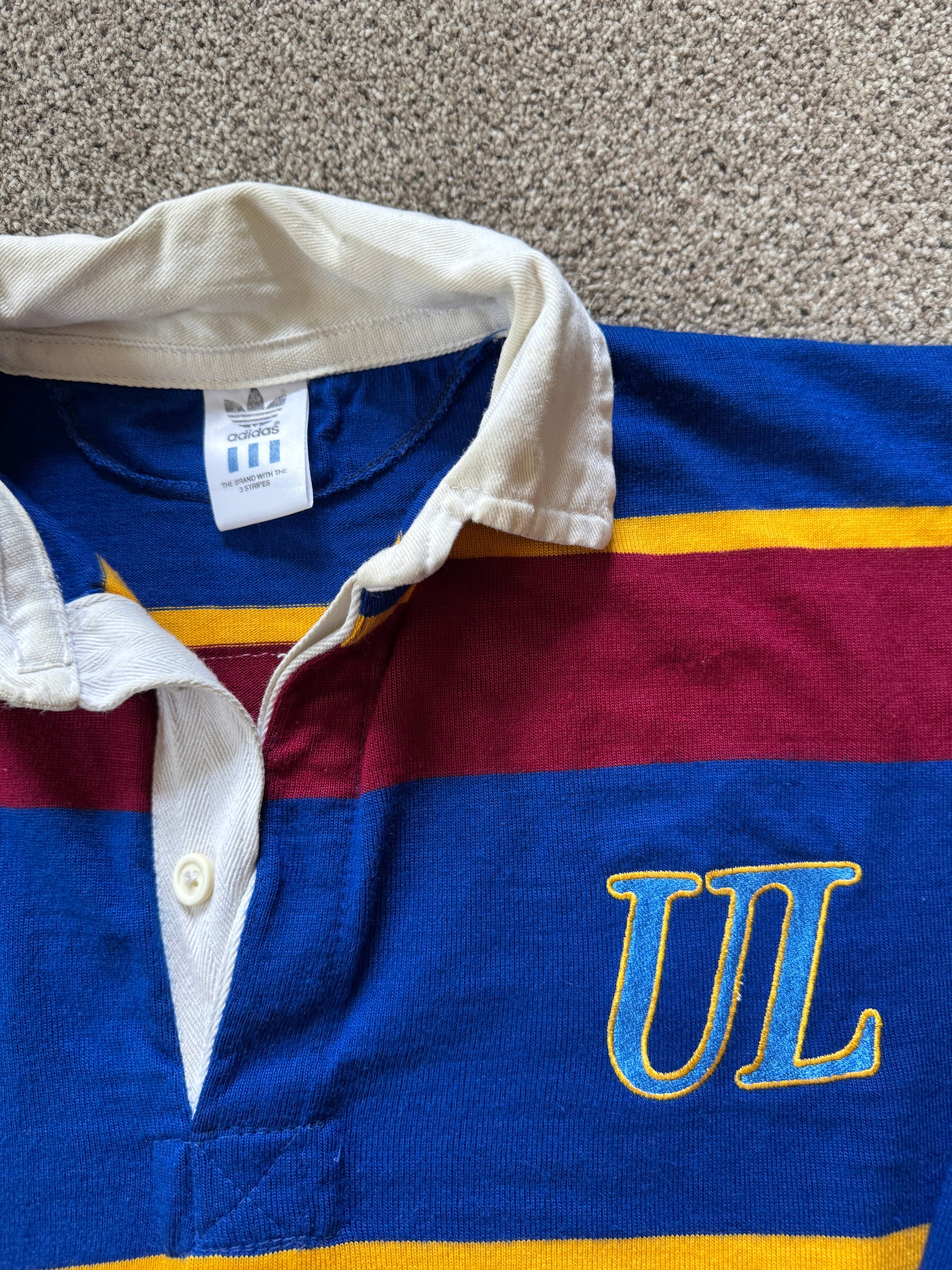 Vintage 80s-90s XXL Adidas Blue, Red and Yellow Striped UL Rugby Shirt