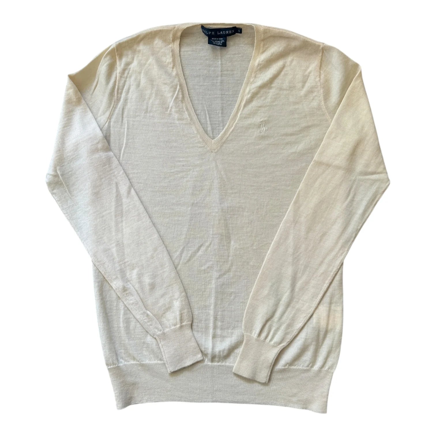 Woman's Small Ralph Lauren Cream Thin Merino Wool V-Neck Jumper