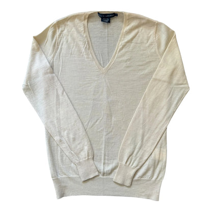 Woman's Small Ralph Lauren Cream Thin Merino Wool V-Neck Jumper