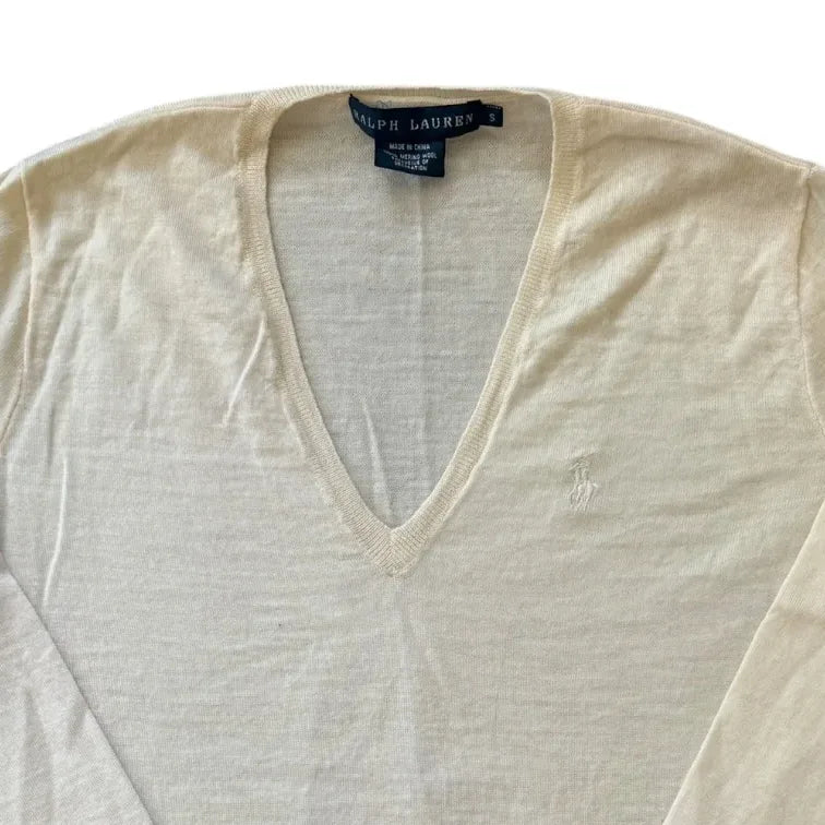 Woman's Small Ralph Lauren Cream Thin Merino Wool V-Neck Jumper