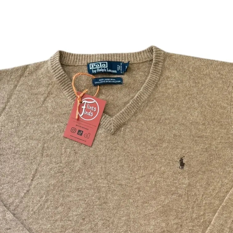 Extra large Ralph Lauren Beige Lambswool Knitted V-Neck Jumper