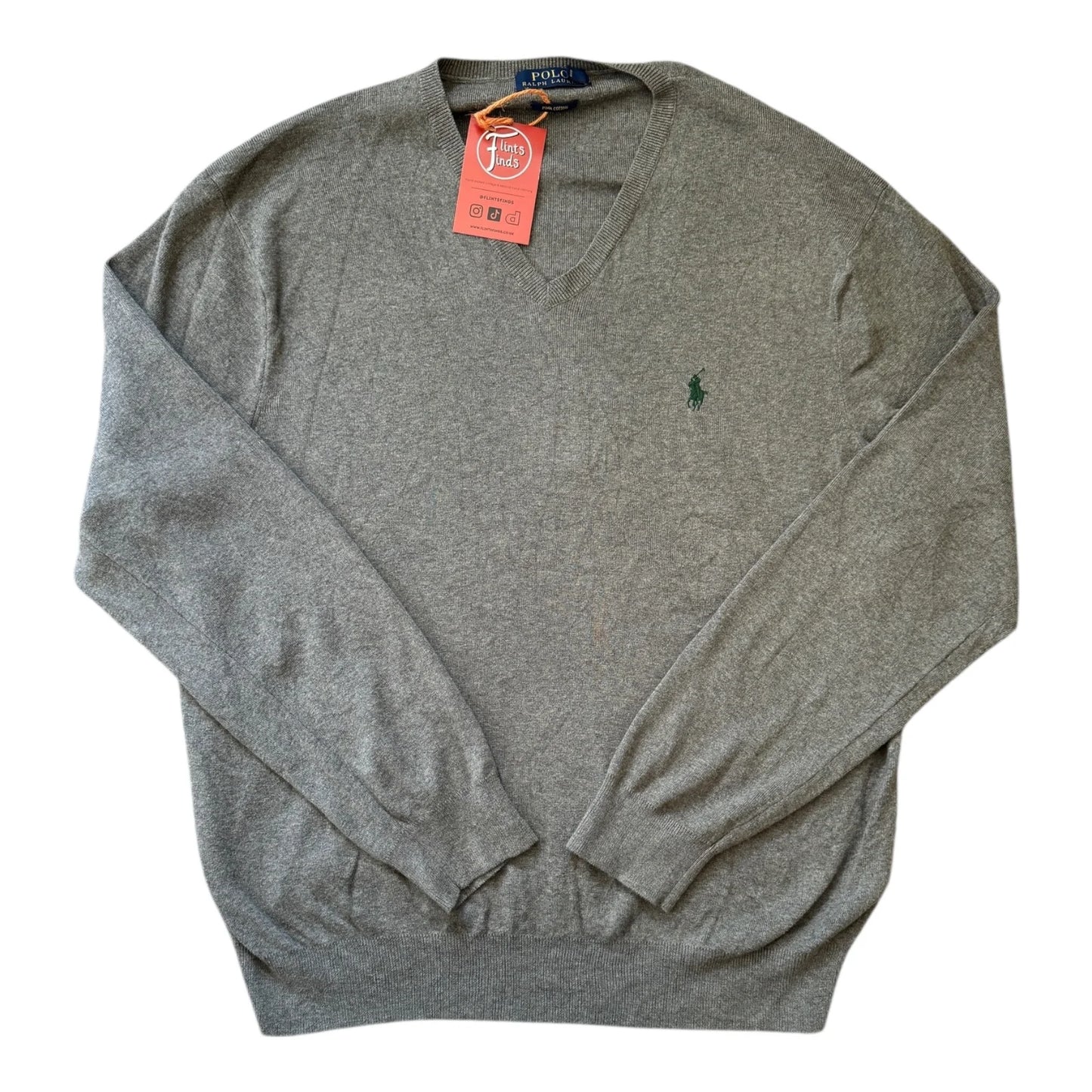 Large Ralph Lauren Grey V-Neck Thin Jumper
