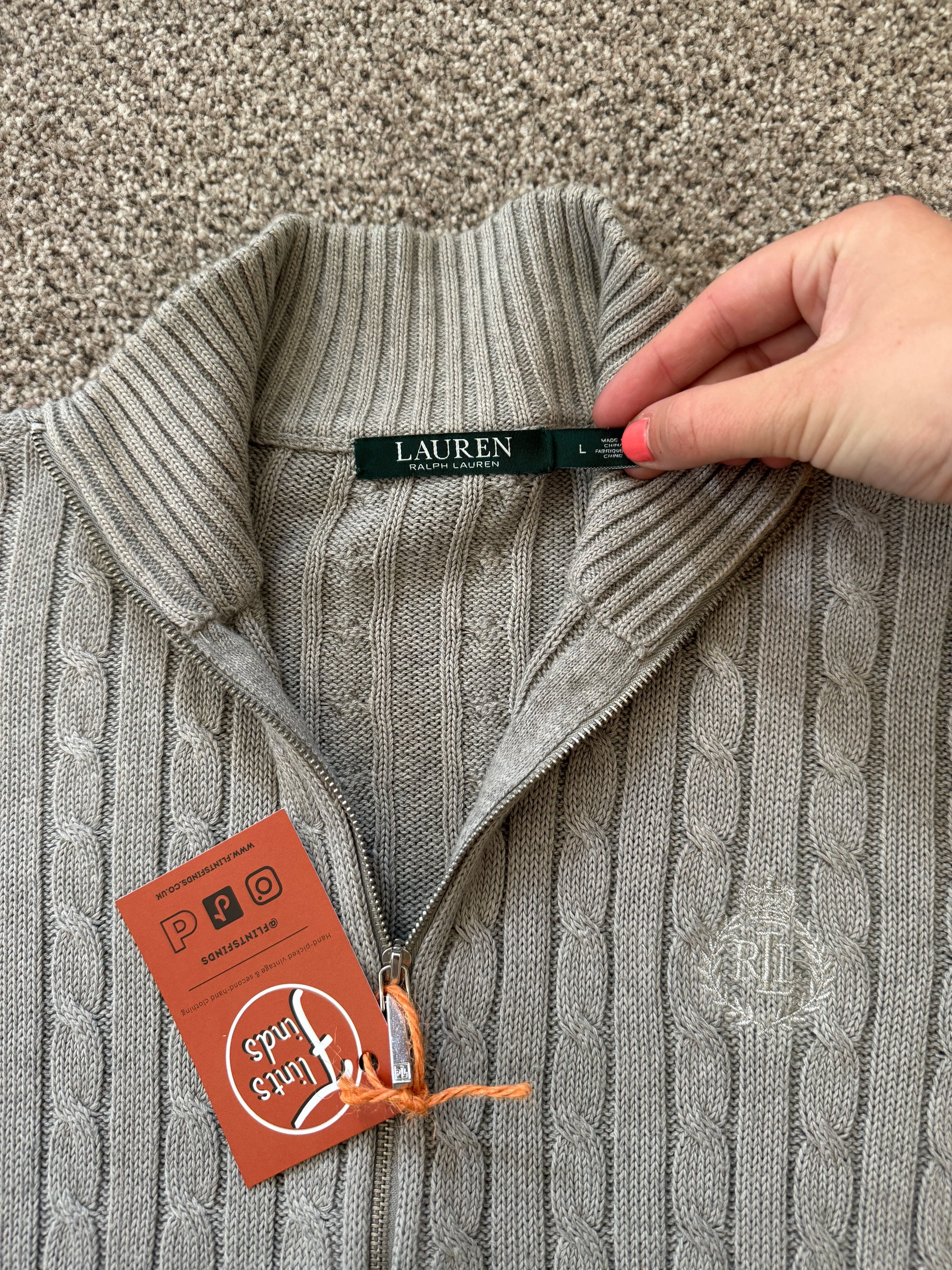 Woman's Medium Ralph Lauren Grey Full Zip Cable Knit