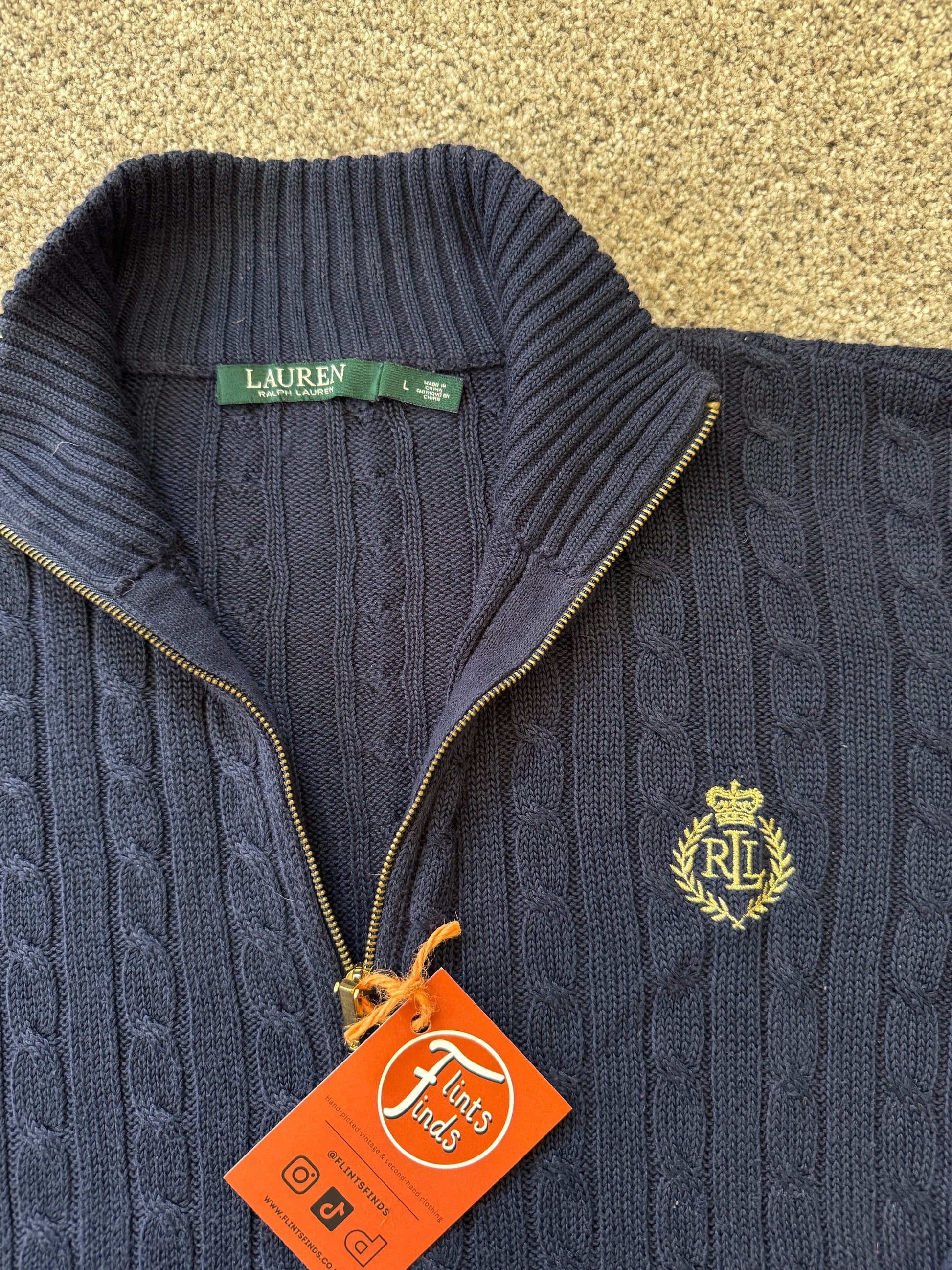 Woman's Large Ralph Lauren Navy Full Zip Cable Knit