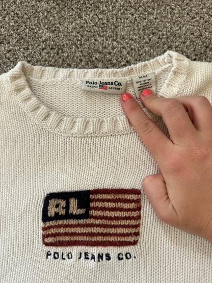Woman's Small Ralph Lauren White USA Flag Knitted Jumper