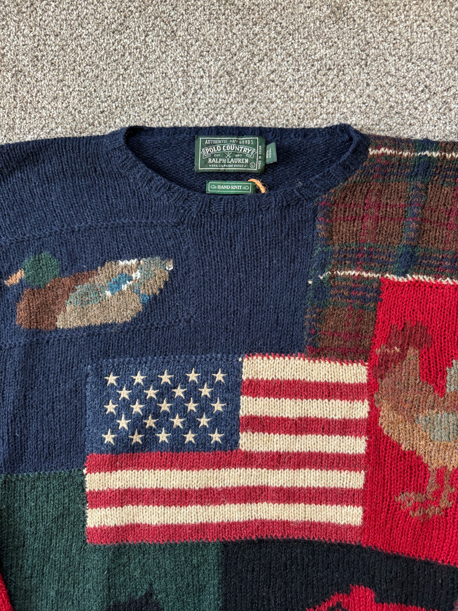 Large Ralph Lauren Country Navy Wool USA Flag Patchwork Knitted Jumper