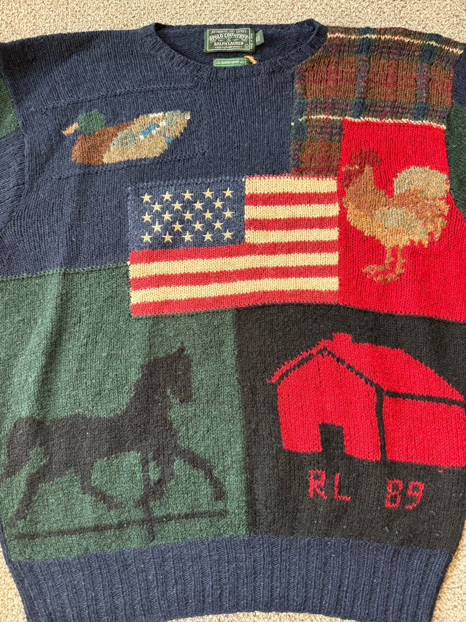 Large Ralph Lauren Country Navy Wool USA Flag Patchwork Knitted Jumper