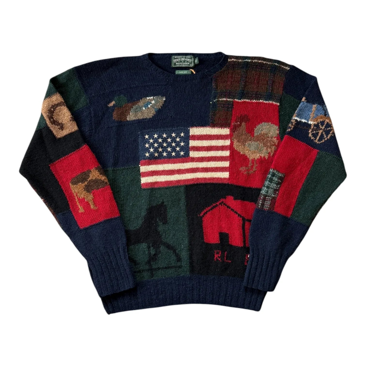 Large Ralph Lauren Country Navy Wool USA Flag Patchwork Knitted Jumper