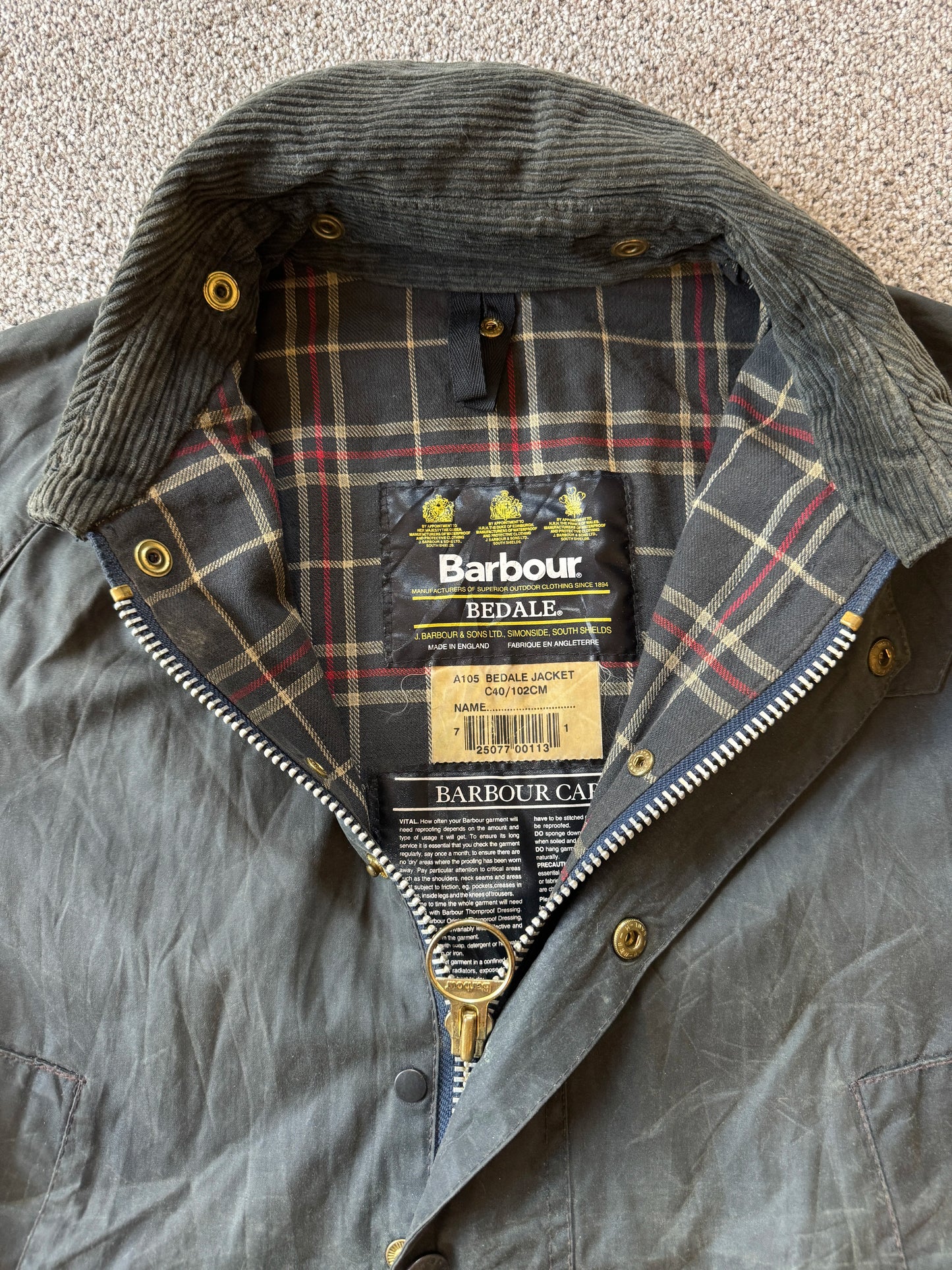 1998 Large Barbour Bedale Green Wax Jacket