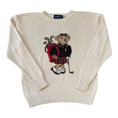 Medium Ralph Lauren White Knitted Golfing Bear Jumper