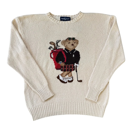 Medium Ralph Lauren White Knitted Golfing Bear Jumper
