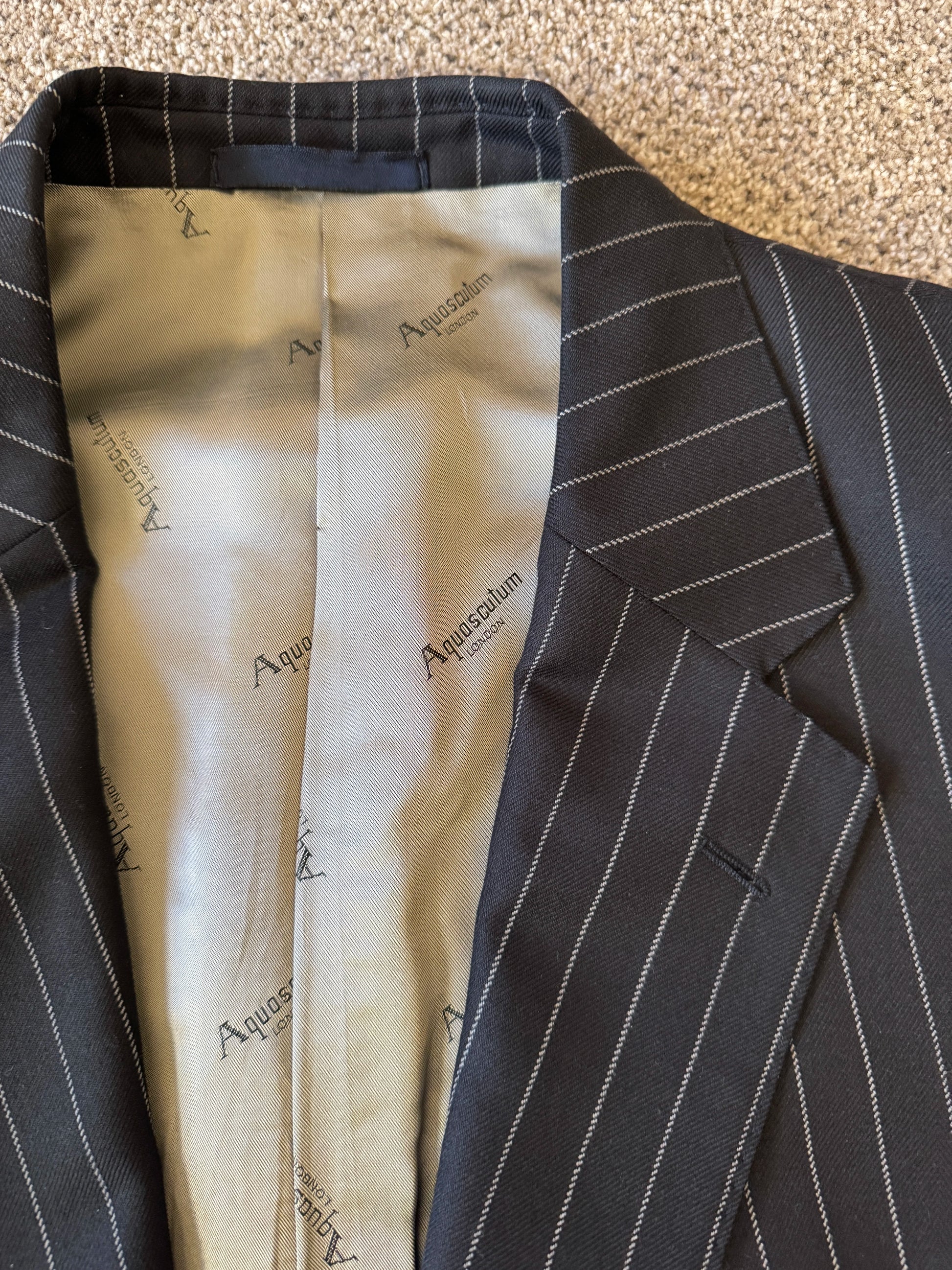 48R Jacket/ 42R Trousers Aquascutum Black Pinstripe Suit