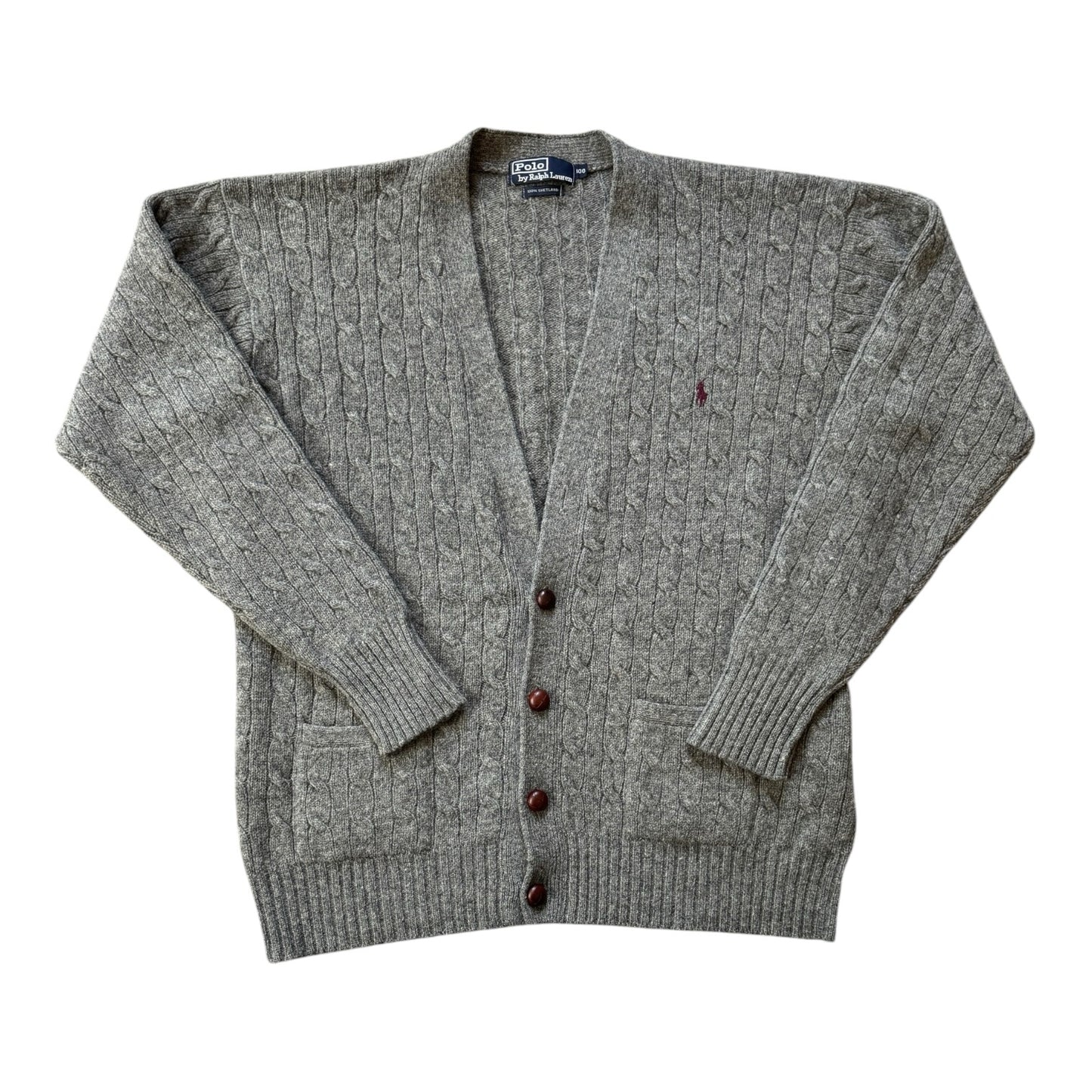 Large Ralph Lauren Grey Cable Knit Shetland Wool Cardigan