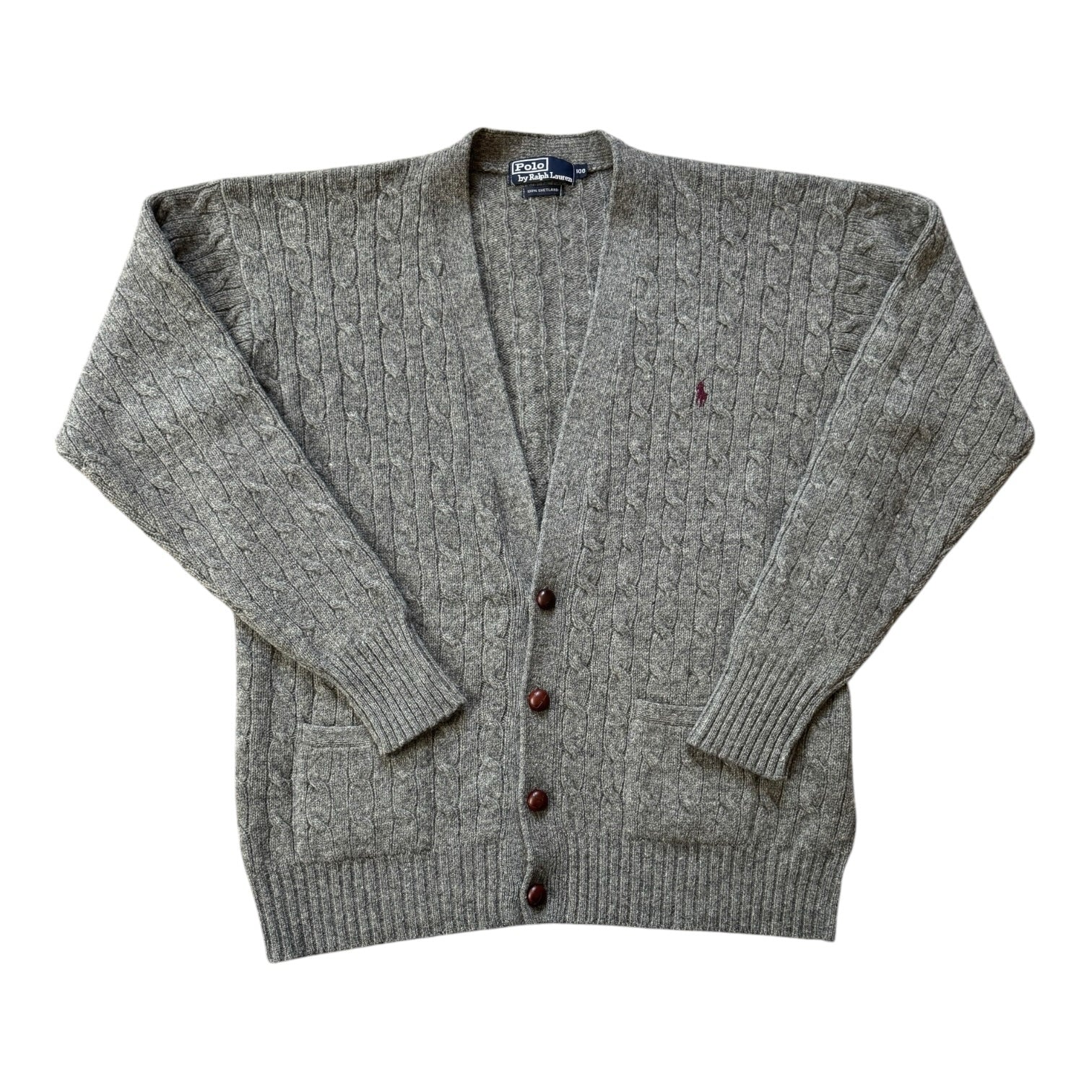 Large Ralph Lauren Grey Cable Knit Shetland Wool Cardigan