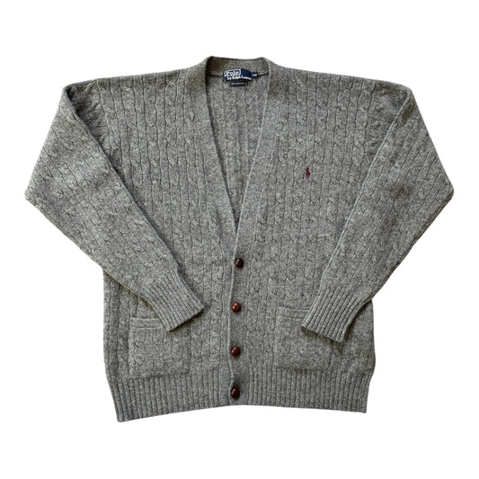 Large Ralph Lauren Grey Cable Knit Shetland Wool Cardigan