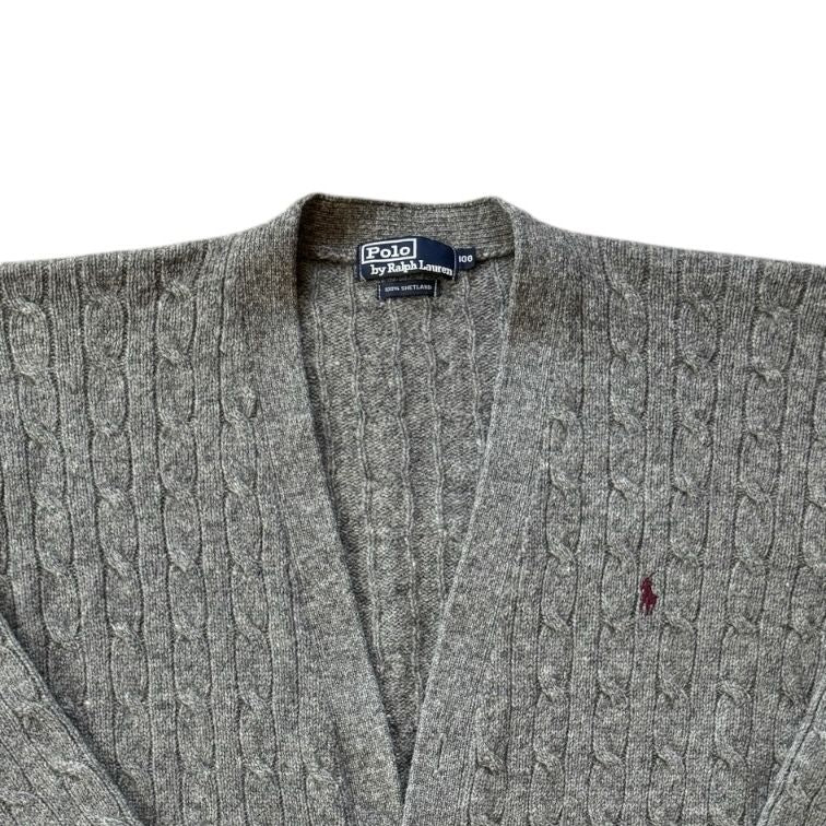 Large Ralph Lauren Grey Cable Knit Shetland Wool Cardigan
