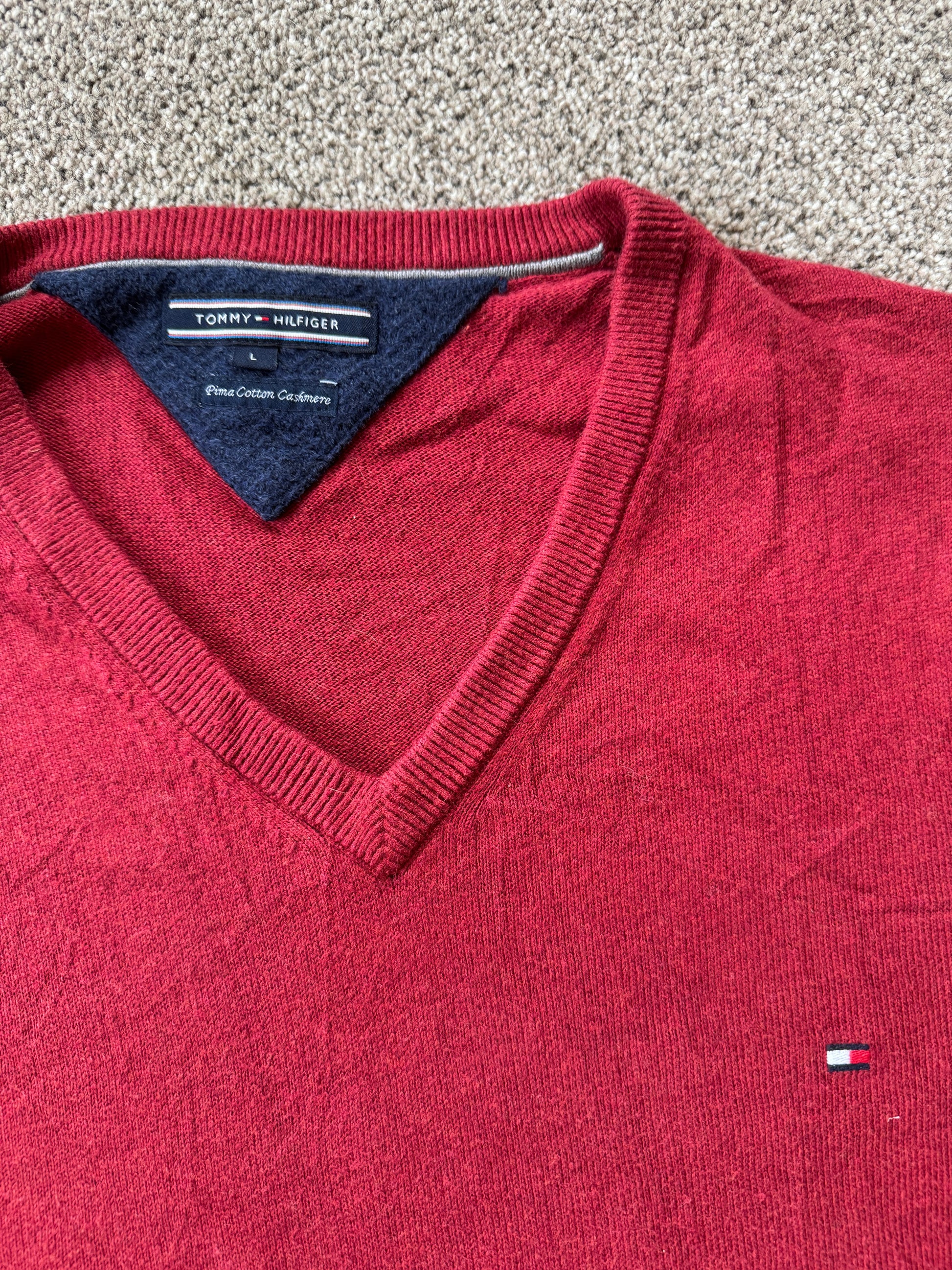 Large Tommy Hilfiger Red Pima Cotton Cashmere V-Neck Jumper