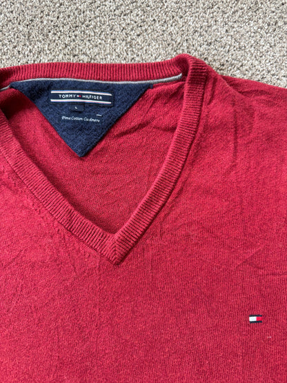 Large Tommy Hilfiger Red Pima Cotton Cashmere V-Neck Jumper