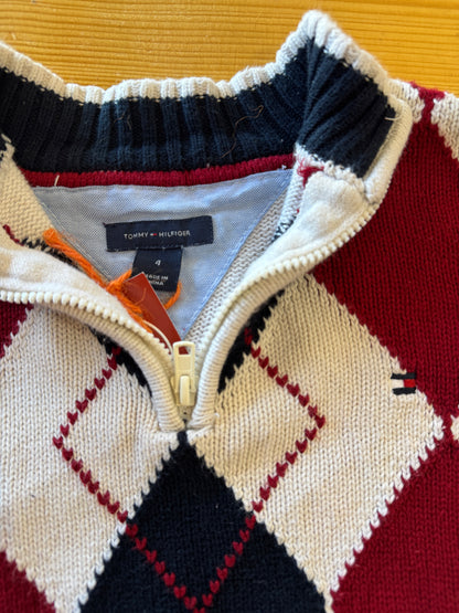 Aged 4 Tommy Hilfiger White Argyle 1/4 Zip Jumper
