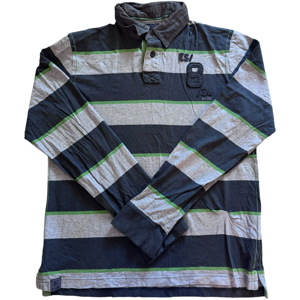 Large Esprit Grey, Green and Navy Rugby Shirt - sewn hole