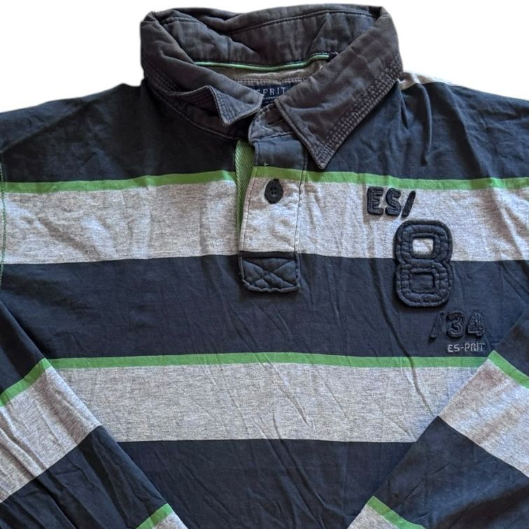 Large Esprit Grey, Green and Navy Rugby Shirt - sewn hole