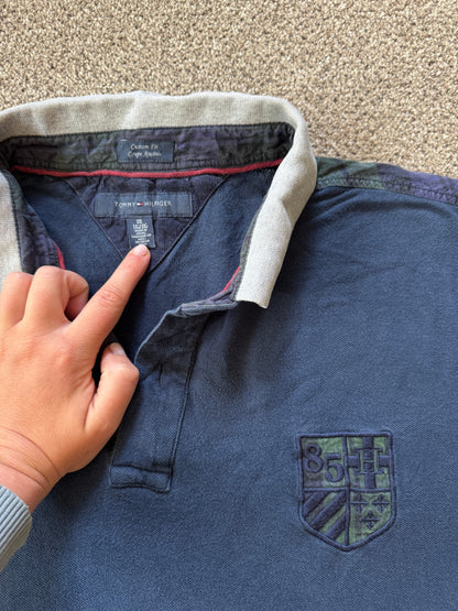 XXL Tommy Hilfiger Navy Polo Shirt with Green Tartan Shoulder