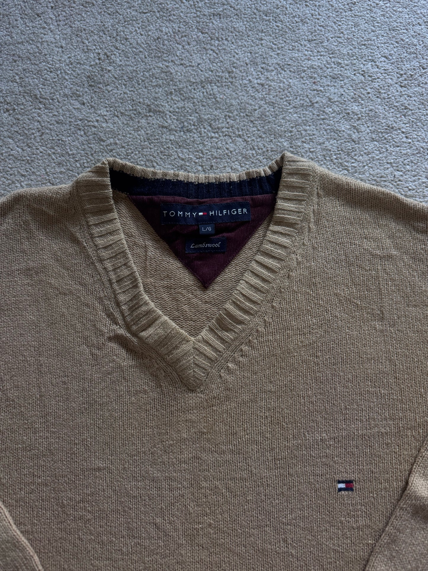 Large Tommy Hilfiger Beige Lambswool V-Neck Knitted Jumper