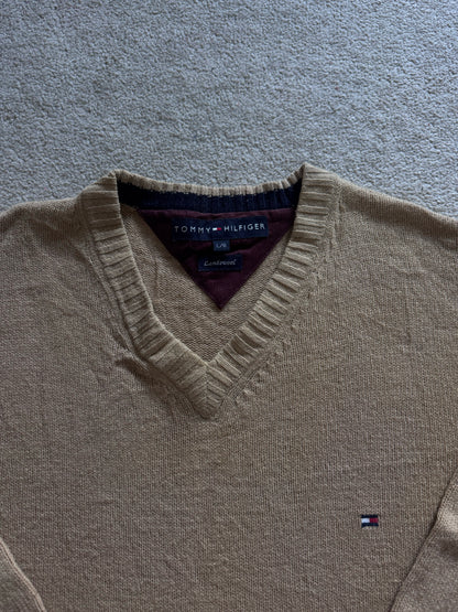 Large Tommy Hilfiger Beige Lambswool V-Neck Knitted Jumper