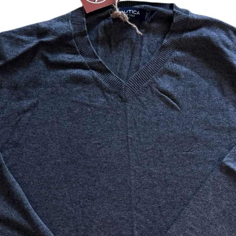 Medium Nautica Washed Navy Blue V-Neck Jumper