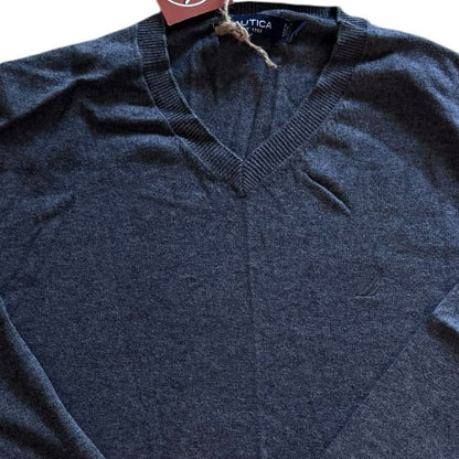 Medium Nautica Washed Navy Blue V-Neck Jumper
