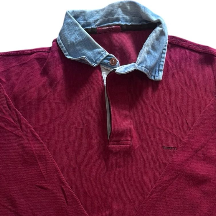 Large Throttleman Red Denim Collar Rugby Shirt