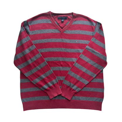 Large Tommy Hilfiger Red and Grey V-Neck Jumper