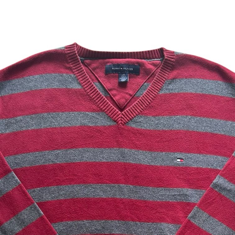 Large Tommy Hilfiger Red and Grey V-Neck Jumper