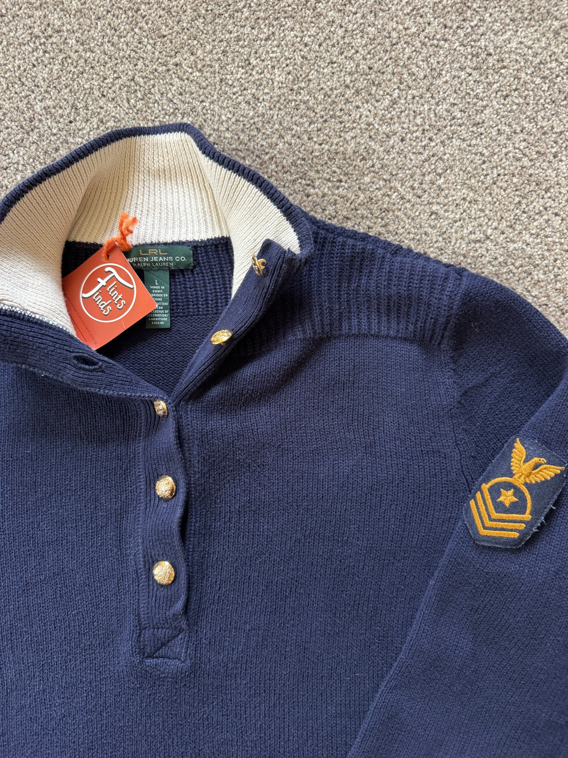 Woman's Large Ralph Lauren Navy Knitted 1/4 Button Jumper with Military Patch