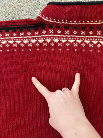 Woman's Large Dale Of Norway Red Wool Fair Isle Knitted 1/4 Zip