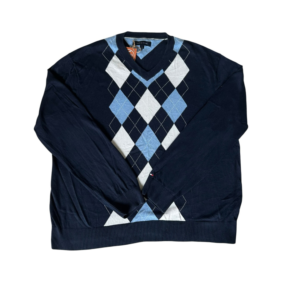 Extra large Tommy Hilfiger Navy, White and Blue Argyle V-Neck Jumper
