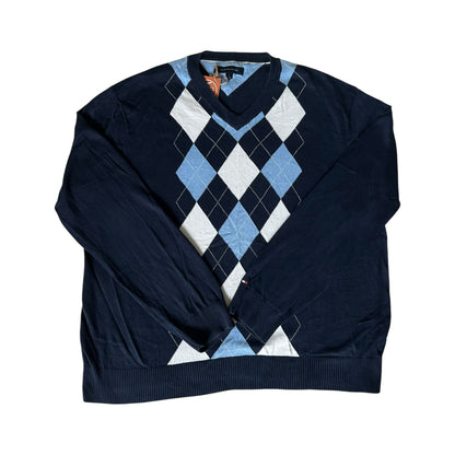Extra large Tommy Hilfiger Navy, White and Blue Argyle V-Neck Jumper