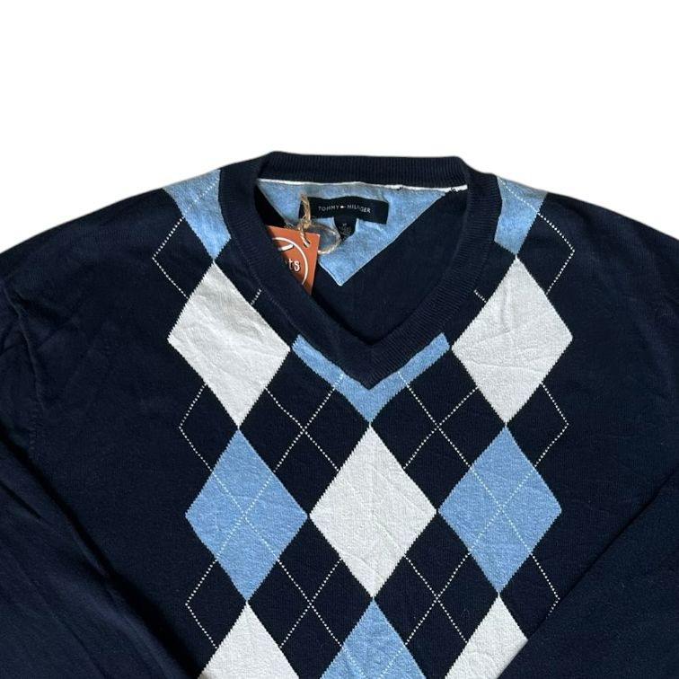 Extra large Tommy Hilfiger Navy, White and Blue Argyle V-Neck Jumper