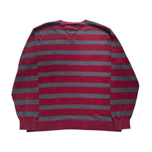 Large Tommy Hilfiger Red and Grey V-Neck Jumper