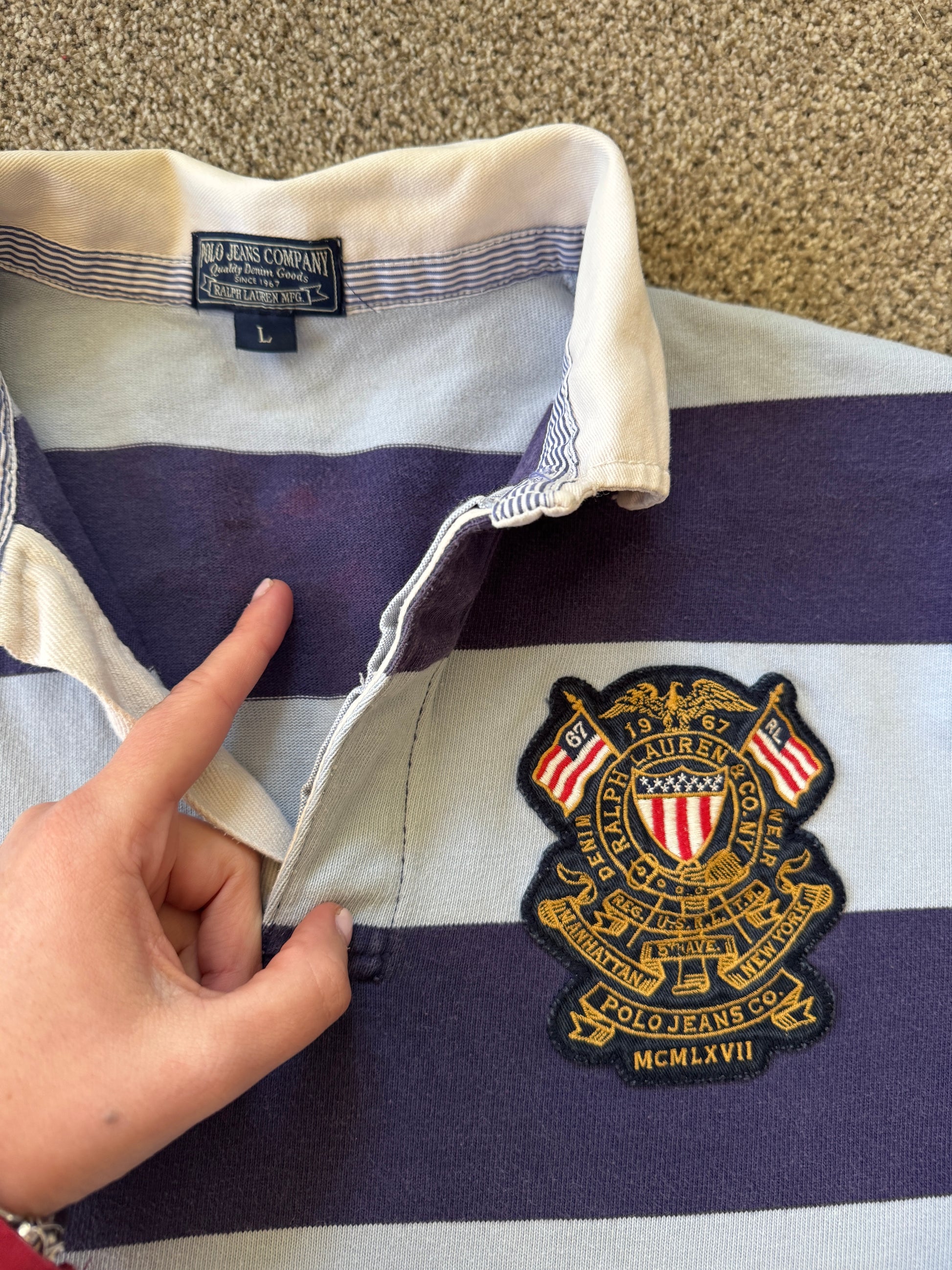 Large Ralph Lauren Navy and Blue Rugby Shirt