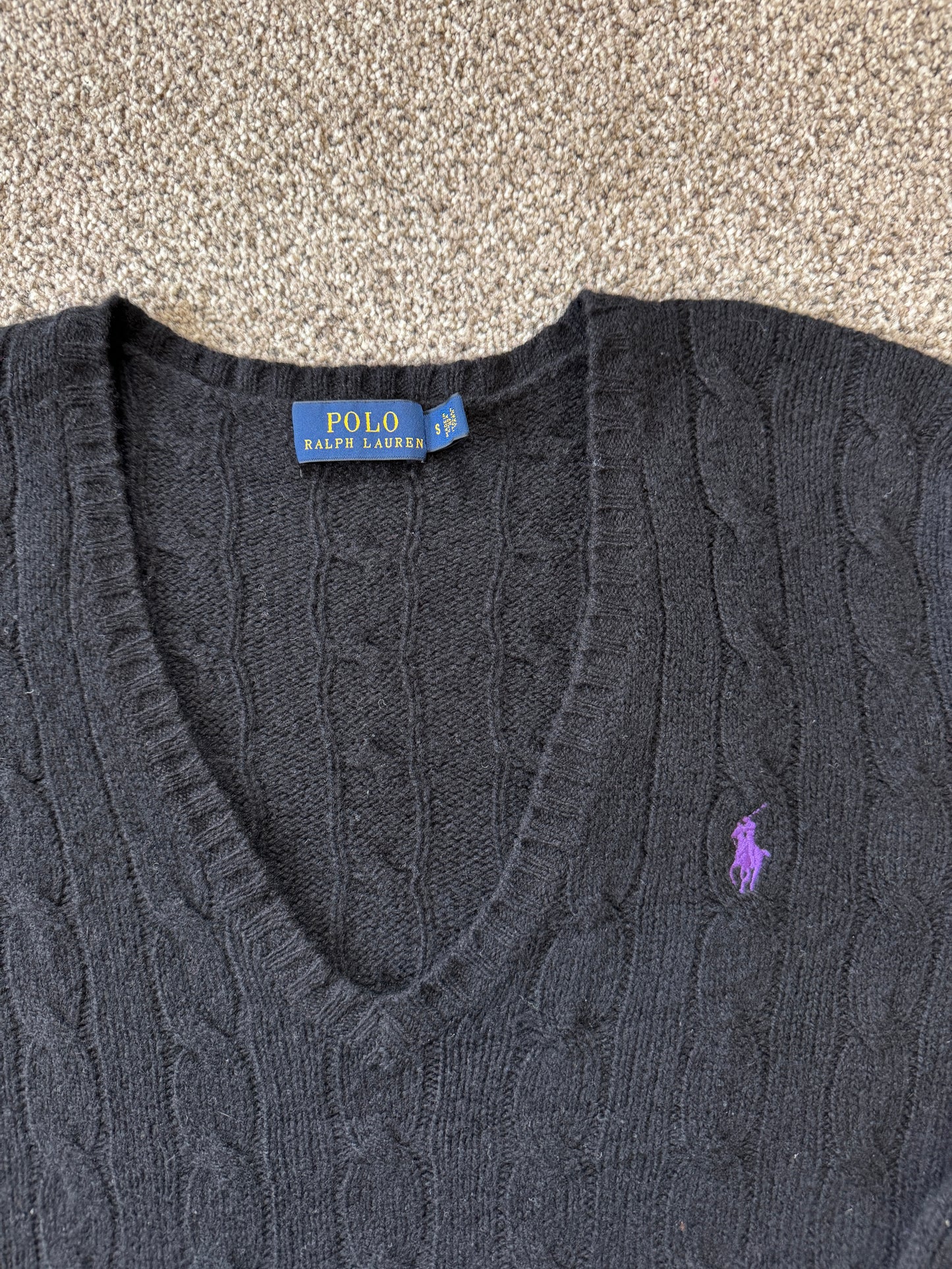 Woman's Small Ralph Lauren Black Wool V-Neck Cable Knit