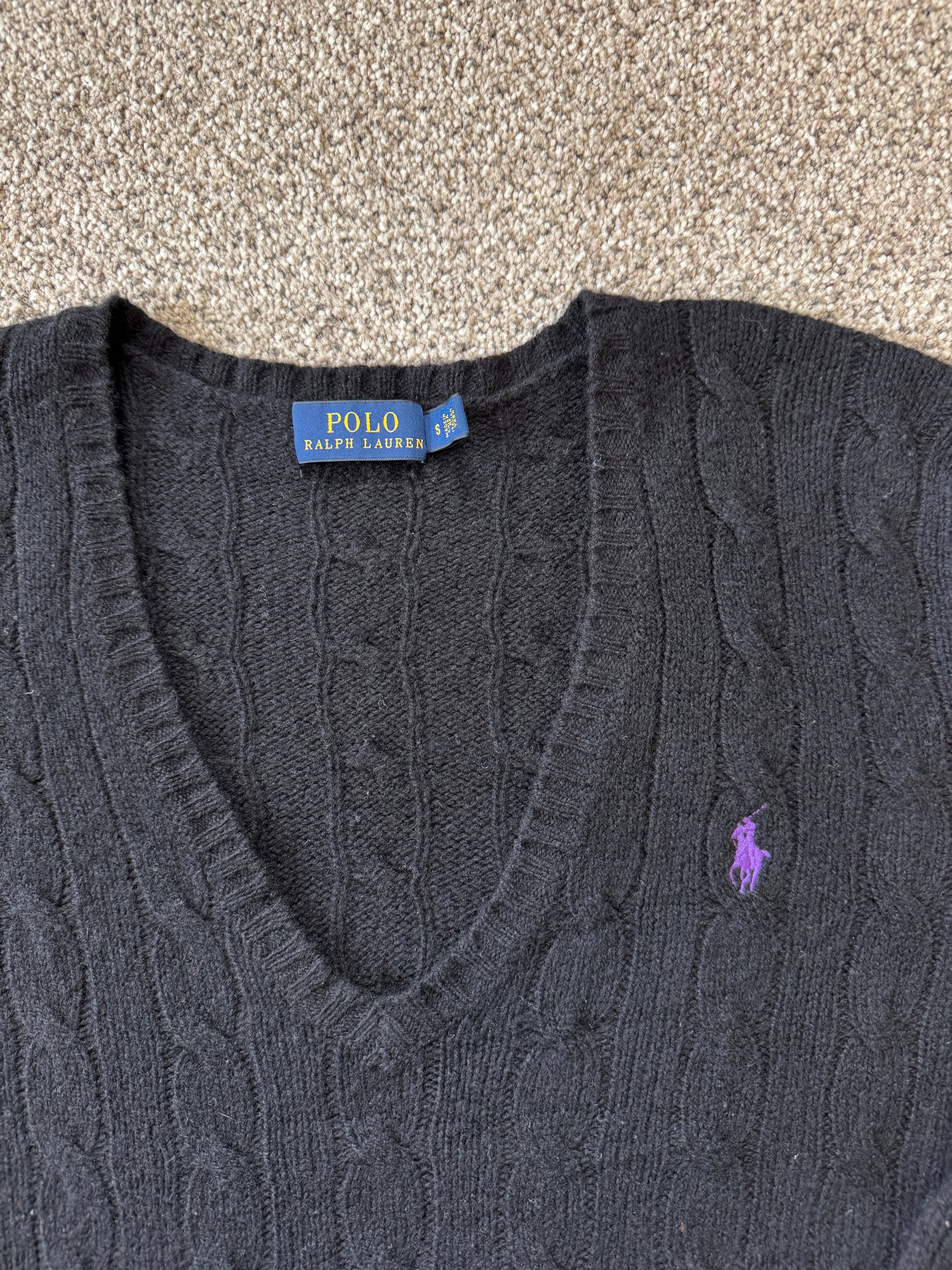 Woman's Small Ralph Lauren Black Wool V-Neck Cable Knit