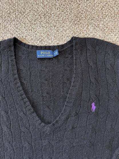 Woman's Small Ralph Lauren Black Wool V-Neck Cable Knit