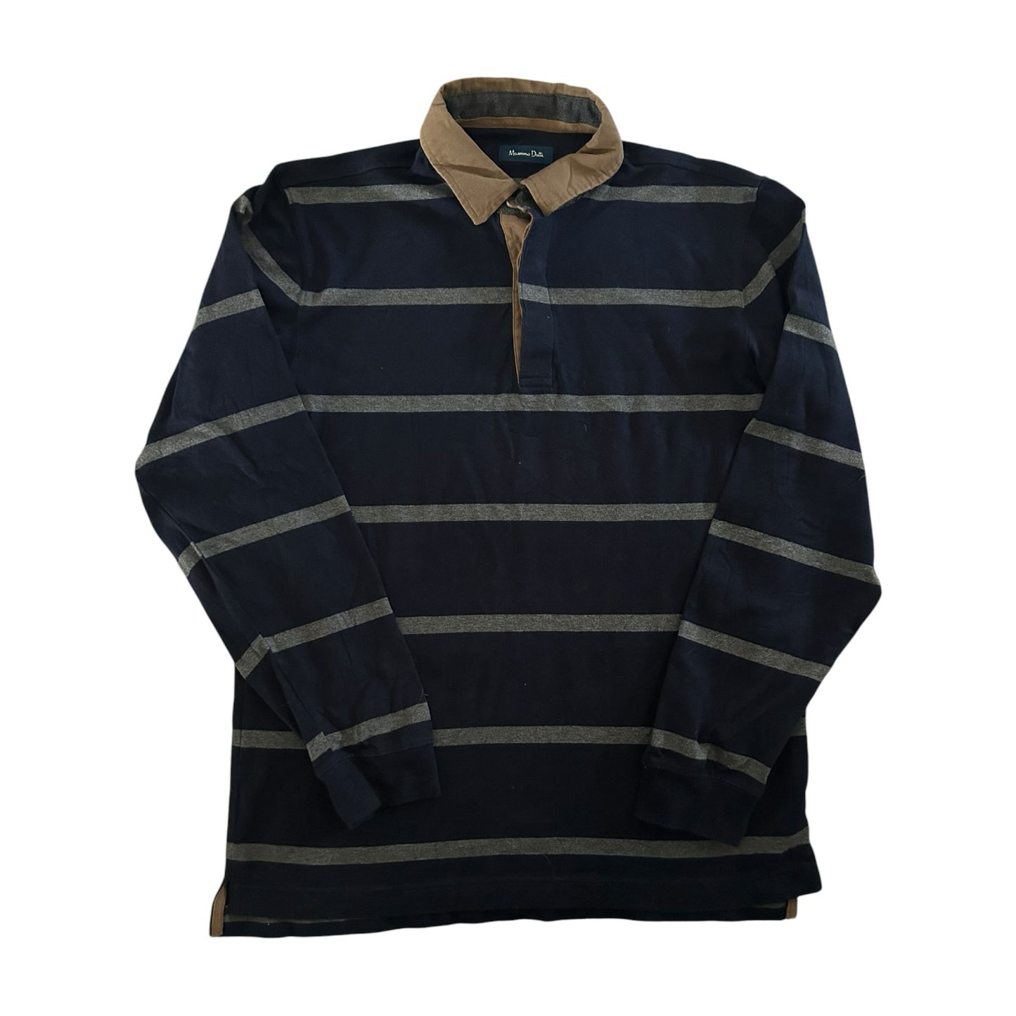 Large Massimo Dutti Navy and Grey Rugby Shirt