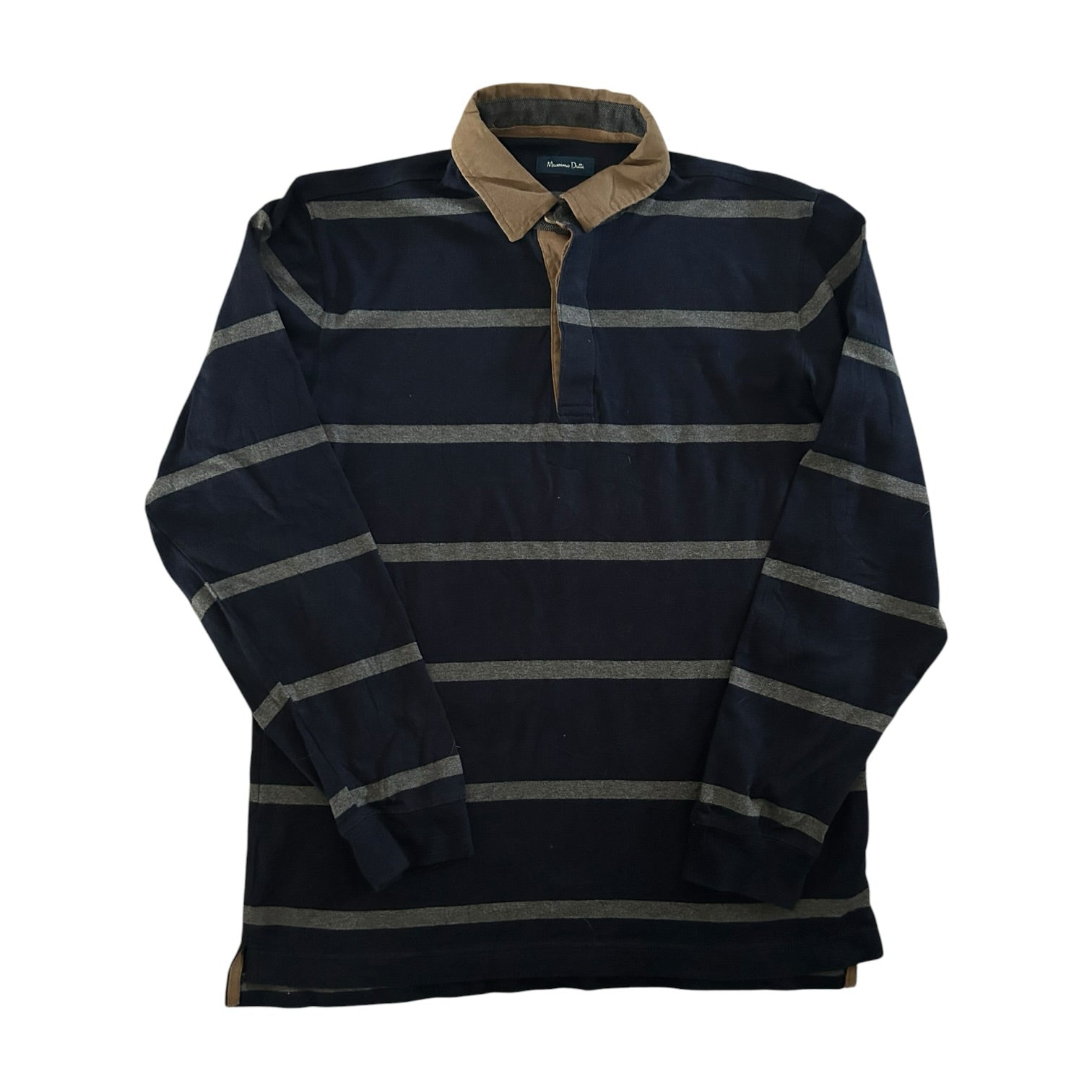 Large Massimo Dutti Navy and Grey Rugby Shirt
