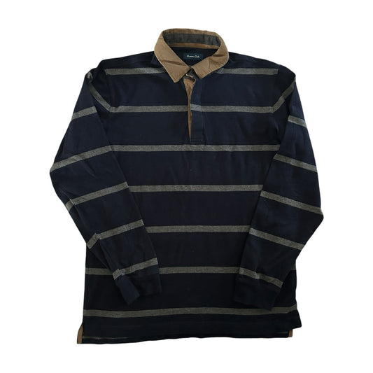 Large Massimo Dutti Navy and Grey Rugby Shirt