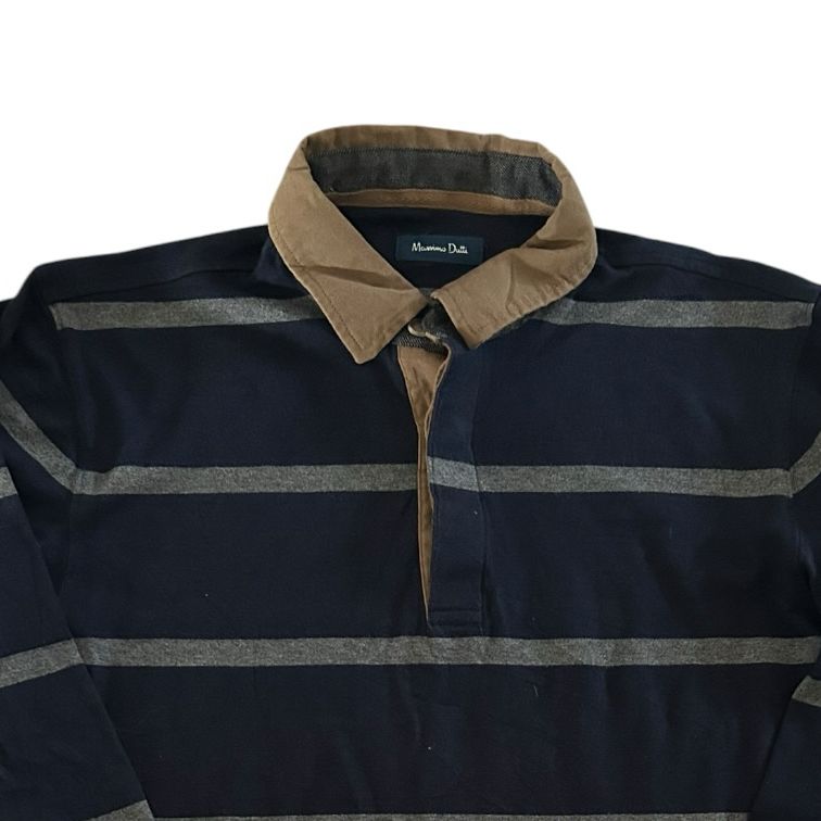 Large Massimo Dutti Navy and Grey Rugby Shirt